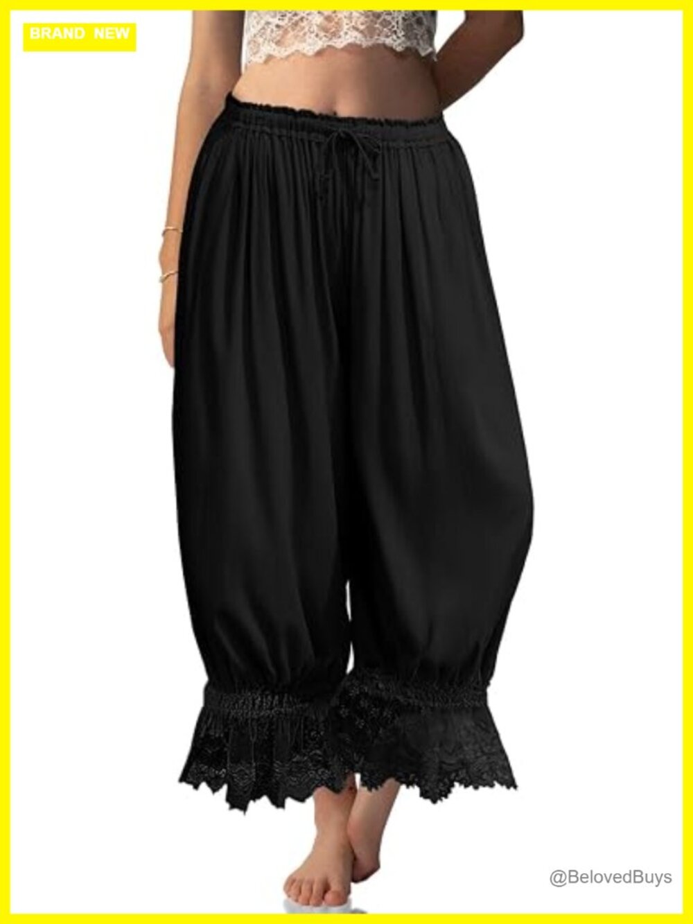 Women Linen Lace Trim Long Bloomers Pants Ruffle Victorian Vintage Pantaloons